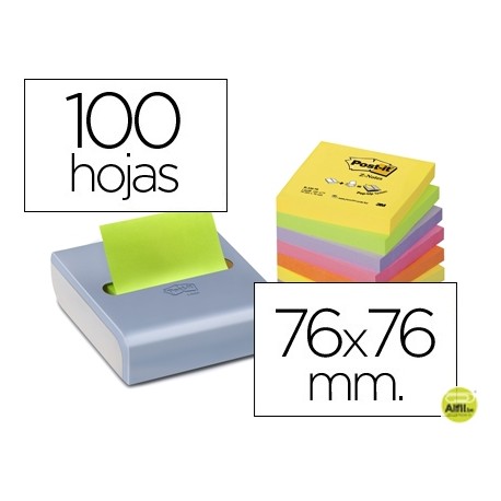 BLOC DE NOTAS ADHESIVAS QUITA Y PON POST-IT 76X76 MM COLORES NEON PACK DE 8 BLOC CON DISPENSADOR CUR