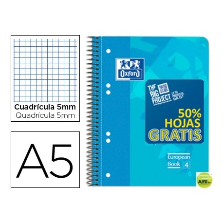 BLOC ESPIRAL OXFORD TAPA PLASTICO OPTIK PAPER MICROPERFORADO DIN A5 120 HOJAS + 50% CUADROS 5 MM