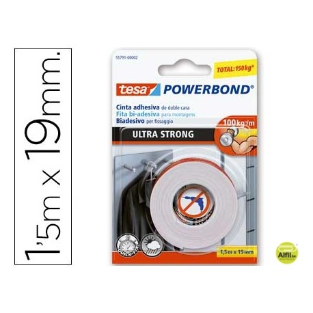 CINTA ADHESIVA TESA DOBLE CARA ULTRA STRONG EXTRAFUERTE PARA INTERIOR Y EXTERIOR 1,5M X19MM