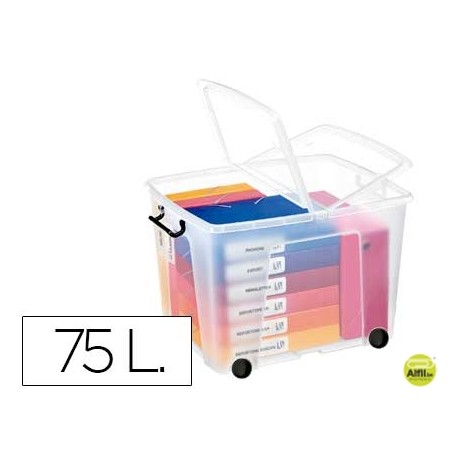 CONTENEDOR PLASTICO CEP 75 LITROS 485X600X415 MM TRANSPARENTE CON TAPA CIERRE HERMETICO Y 4 RUEDAS