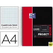 BLOC ESPIRAL OXFORD TAPA PLASTICO MICROPERFORADO PROJECTBOOK1 DIN A4 80 HOJAS 90 GR CUADROS 5 MM ROJ