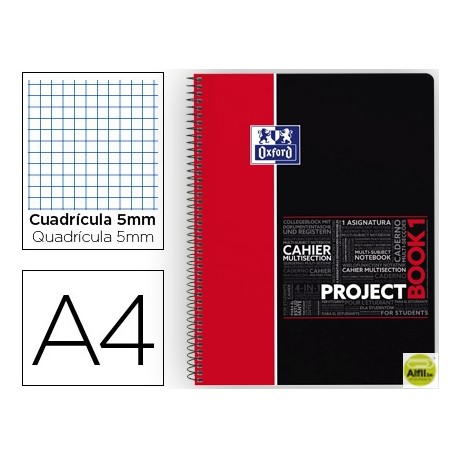 BLOC ESPIRAL OXFORD TAPA PLASTICO MICROPERFORADO PROJECTBOOK1 DIN A4 80 HOJAS 90 GR CUADROS 5 MM ROJ