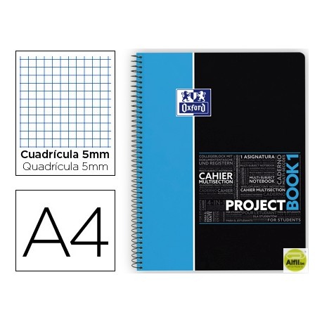 BLOC ESPIRAL OXFORD TAPA PLASTICO MICROPERFORADO PROJECTBOOK1 DIN A4 80 HOJAS 90 GR CUADROS 5 MM AZU