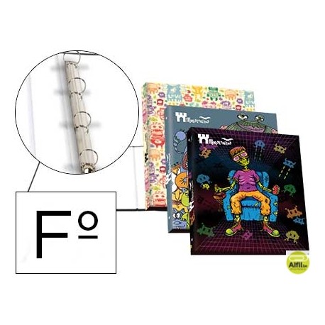 CARPETA LIDERPAPEL 4 ANILLAS 25MM REDONDAS CARTON FORRADO FOLIO FANTASIA MONSTRUITOS
