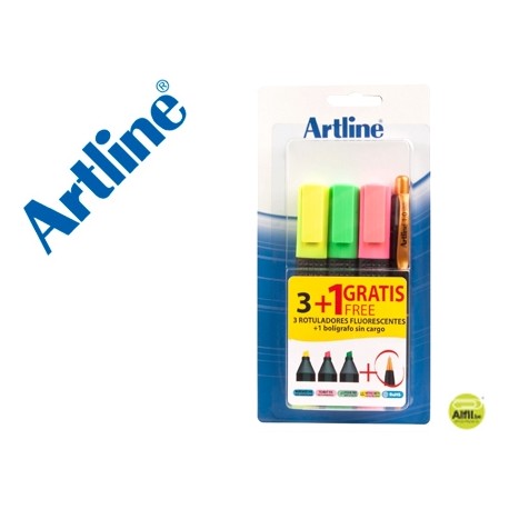 ROTULADOR ARTLINE FLUORESCENTE EK-660 BLISTER DE 3 UNIDADES + 1 BOLIGRAFO SERIE 7000 SIN CARGO