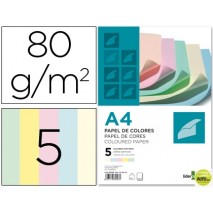 PAPEL COLOR LIDERPAPEL DIN-A4 80 GRAMOS 5 COLORES SURTIDOS PAQUETE DE 500