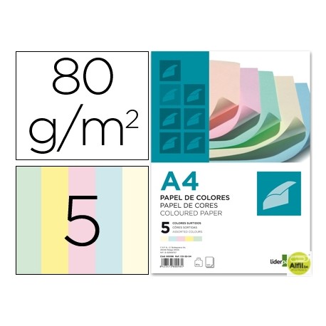 PAPEL COLOR LIDERPAPEL DIN-A4 80 GRAMOS 5 COLORES SURTIDOS PAQUETE DE 500