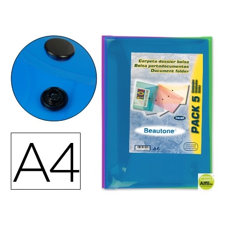 CARPETA BEAUTONE DOSSIER BROCHE TRANSPARENTE DIN A4 COLORES SURTIDOS (PAQUETE DE 5 RETRACTILADO)