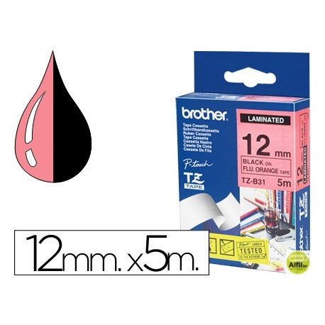 CINTA BROTHER TZ-B31 LAMINADA NARANJA/FLUORESCENTE-NEGRO 12 MM X 5MTS