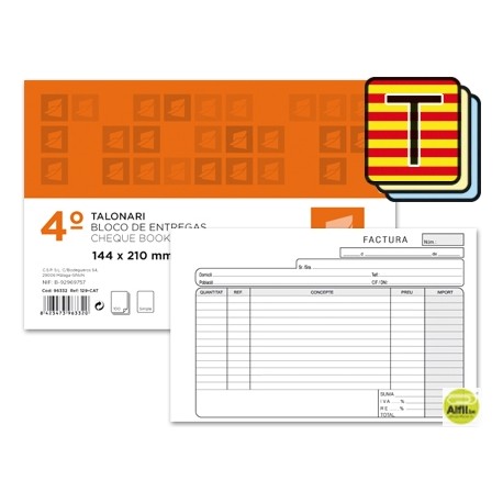 TALONARIO LIDERPAPEL FACTURAS CUARTO ORIGINAL Y 2 COPIAS T318 APAISADO CON I.V.A. TEXTO EN CATALAN