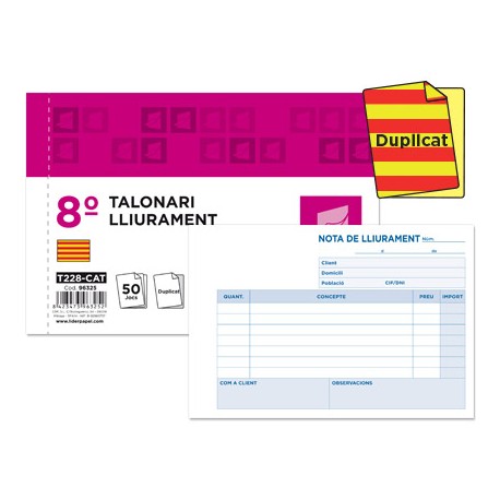 TALONARIO LIDERPAPEL ENTREGAS 8Ì ORIGINAL Y COPIA T228 TEXTO EN CATALAN