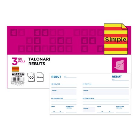 TALONARIO LIDERPAPEL RECIBOS 3/FÌ ORIGINAL T105 CON MATRIZ TEXTO EN CATALAN