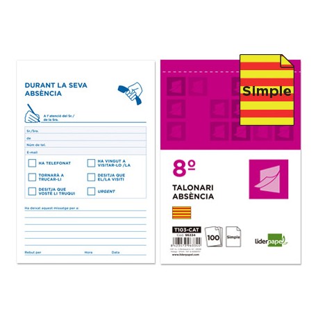 TALONARIO LIDERPAPEL AUSENTES 8Ì ORIGINAL T103 TEXTO EN CATALAN