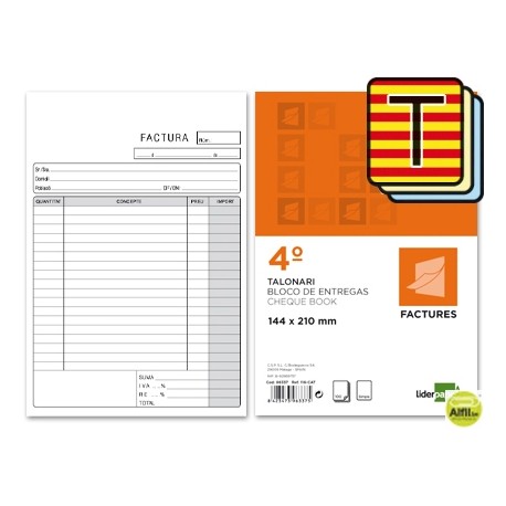 TALONARIO LIDERPAPEL FACTURAS CUARTO ORIGINAL Y 2 COPIAS T316 CON I.V.A. TEXTO EN CATALAN