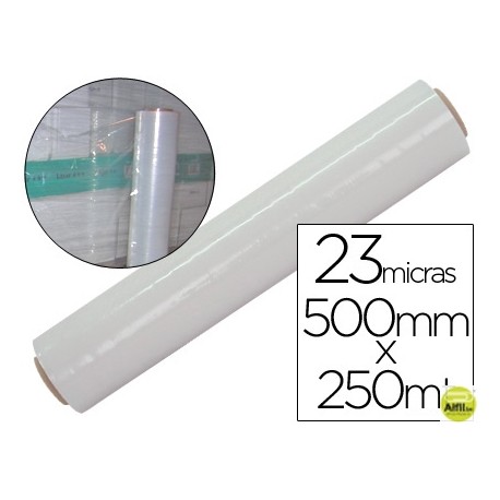 FILM EXTENSIBLE MANUAL BOBINA -ANCHO 500 MM. -LARGO 250 MT ESPESOR 23 MICRAS TRANSPARENTE