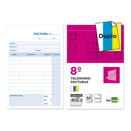 TALONARIO LIDERPAPEL FACTURAS 8Ì ORIGINAL Y COPIA T200 CON I.G.I.C