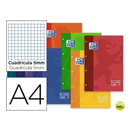 RECAMBIO COLOR OXFORD DIN A4 80 HOJAS 90 GRS CUADROS 5 MM 4 TALADOS COLORES SURTIDOS PAQUETE DE 30