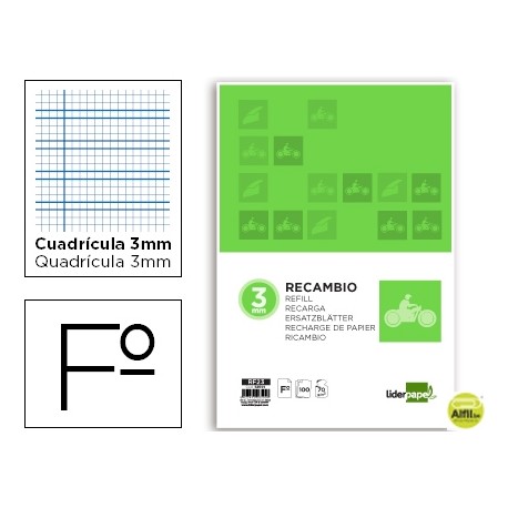 RECAMBIO LIDERPAPEL FOLIO 100 H 4 TALADROS 70 GR CUADRICULADO PAUTADO 3 MM CON MARGEN