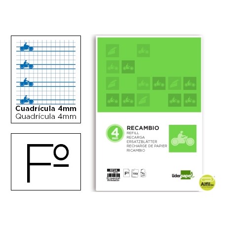 RECAMBIO LIDERPAPEL FOLIO 100 H 4 TALADROS 70 GR CUADRICULADO PAUTADO 4 MM CON MARGEN