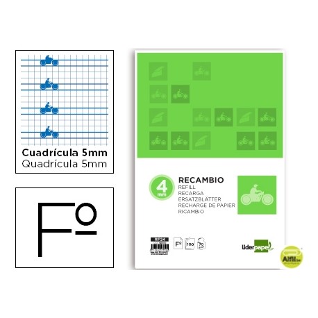 RECAMBIO LIDERPAPEL FOLIO 100 H 4 TALADROS 70 GR CUADRICULADO PAUTADO 5 MM CON MARGEN