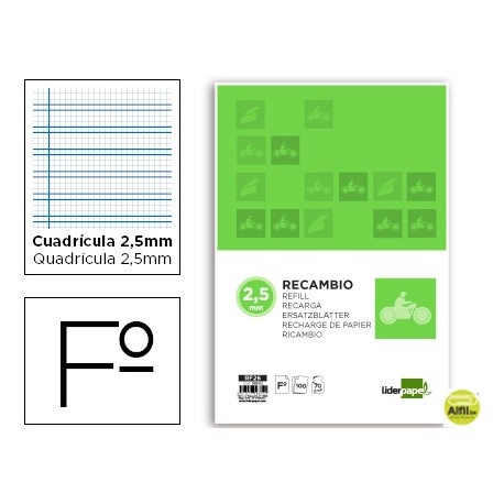 RECAMBIO LIDERPAPEL FOLIO 100 H 4 TALADROS 70 GR CUADRICULADO PAUTADO 2,5 MM CON MARGEN
