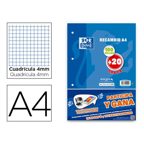 RECAMBIO OXFORD DIN A4 100 + 20 HOJAS GRATIS 90 GR CUADRO 4 MM 4 TALADROS