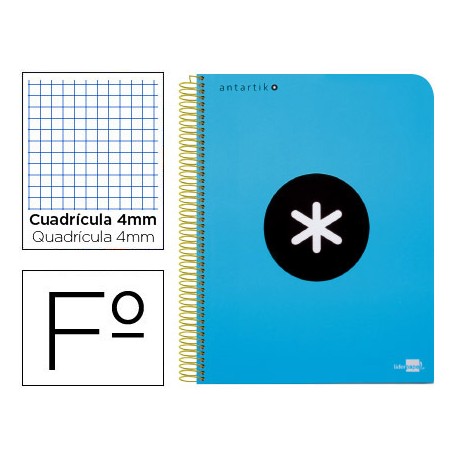 BLOC ESPIRAL LIDERPAPEL FOLIO ANTARTIK TAPA EXTRADURA 80 H 100G CUADRO 4 MM CON MARGEN COLOR AZUL
