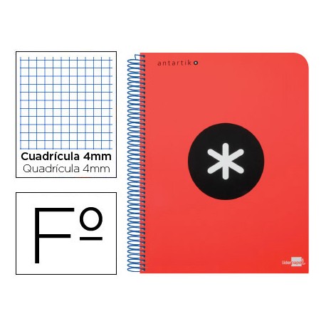 BLOC ESPIRAL LIDERPAPEL FOLIO ANTARTIK TAPA EXTRADURA 80 H 100G CUADRO 4 MM CON MARGEN COLOR ROJO