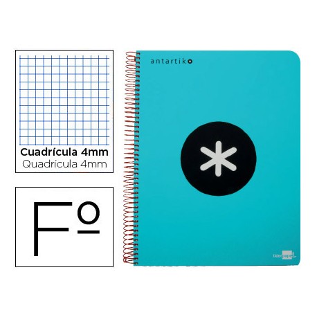 BLOC ESPIRAL LIDERPAPEL FOLIO ANTARTIK TAPA EXTRADURA 80 H 100G CUADRO 4 MM CON MARGEN COLOR TURQUES