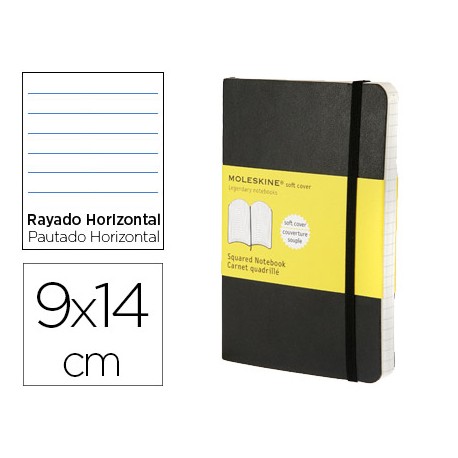 LIBRETA MOLESKINE TAPA BLANDA RAYADO HORIZONTAL 192 HOJAS COLOR NEGRO CIERRE CON GOMA 90X140 MM