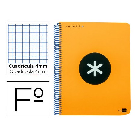 BLOC ESPIRAL LIDERPAPEL FOLIO ANTARTIK TAPA EXTRADURA 80 H 100G CUADRO 4 MM CON MARGEN COLOR NARANJA
