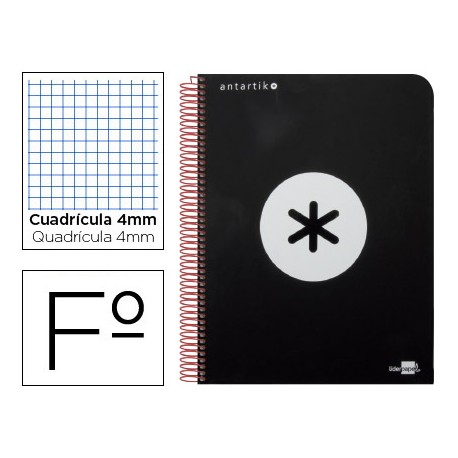 BLOC ESPIRAL LIDERPAPEL FOLIO ANTARTIK TAPA EXTRADURA 80 H 100G CUADRO 4 MM CON MARGEN COLOR NEGRO