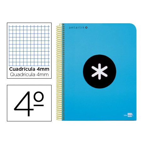 BLOC ESPIRAL LIDERPAPEL CUARTO ANTARTIK TAPA EXTRADURA 80 H 100G CUADRO 4 MM CON MARGEN COLOR AZUL