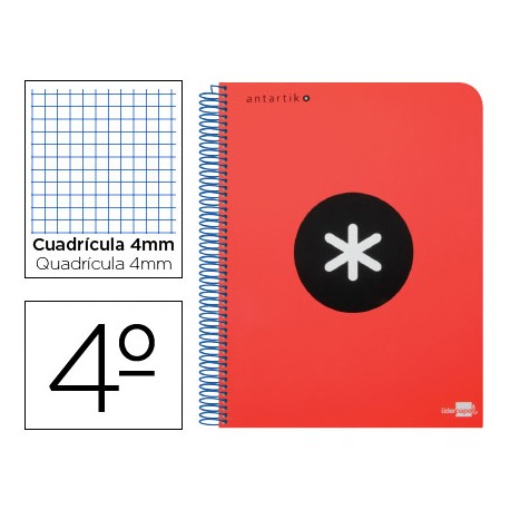BLOC ESPIRAL LIDERPAPEL CUARTO ANTARTIK TAPA EXTRADURA 80 H 100G CUADRO 4 MM CON MARGEN COLOR ROJO