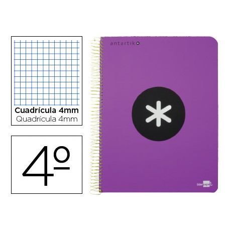 BLOC ESPIRAL LIDERPAPEL CUARTO ANTARTIK TAPA EXTRADURA 80 H 100G CUADRO 4 MM CON MARGEN COLOR VIOLET