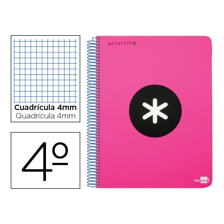BLOC ESPIRAL LIDERPAPEL CUARTO ANTARTIK TAPA EXTRADURA 80 H 100 G CUADRO 4 MM CON MARGEN COLOR ROSA