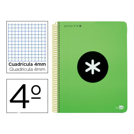 BLOC ESPIRAL LIDERPAPEL CUARTO ANTARTIK TAPA EXTRADURA 80 H 100 G CUADRO 4 MM CON MARGEN COLOR VERDE