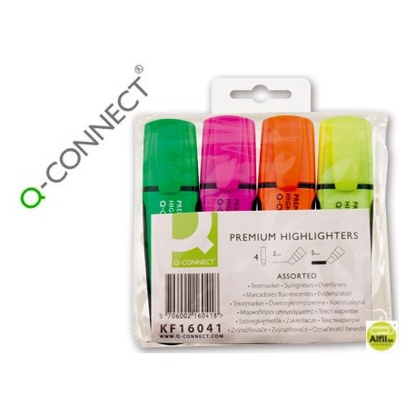 ROTULADOR Q-CONNECT FLUORESCENTE PREMIUM ESTUCHE DE 4 COLORES SURTIDOS PUNTA BISELADA CON SUJECION D