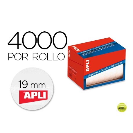 ETIQUETA ADHESIVA APLI 1673 TAMAÑO 19 MM REDONDAS EN ROLLO DE 4000 UNIDADES