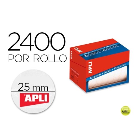 ETIQUETA ADHESIVA APLI 1674 TAMAÑO 25 MM REDONDAS EN ROLLO DE 2400 UNIDADES