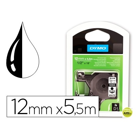 CINTA DYMO NEGRO BLANCO 12MM X 5,5 MT D1 POLYESTER ADHESIVO PERMANENTE