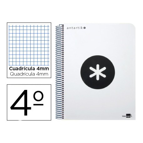 BLOC ESPIRAL LIDERPAPEL CUARTO ANTARTIK TAPA EXTRADURA 80 H 100G CUADRO 4 MM CON MARGEN COLOR BLANCO