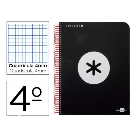 BLOC ESPIRAL LIDERPAPEL CUARTO ANTARTIK TAPA EXTRADURA 80 H 100G CUADRO 4 MM CON MARGEN COLOR NEGRO