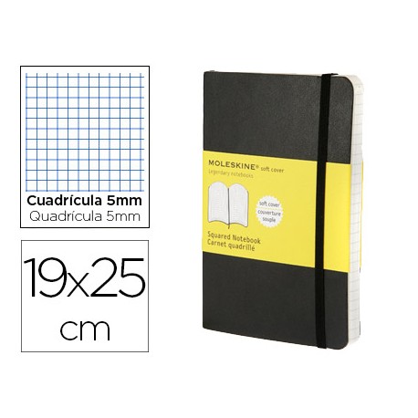 LIBRETA MOLESKINE TAPA BLANDA CUADRO 5 MM 192 HOJAS COLOR NEGRO CIERRE CON GOMA 190X250 MM