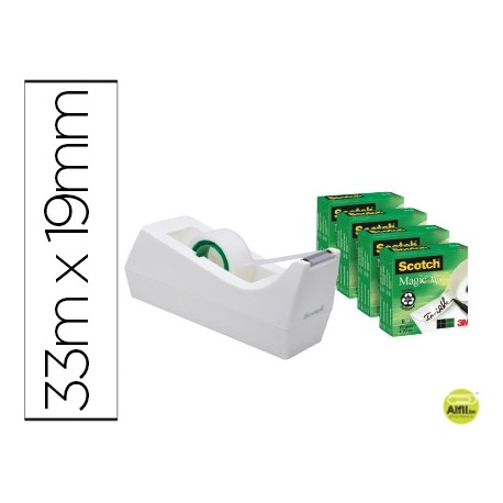 PORTARROLLO SOBREMESA SCOTCH COLOR BLANCO DE 19MM X 33MT INCLUYE 4 ROLLOS DE CINTA MAGIC