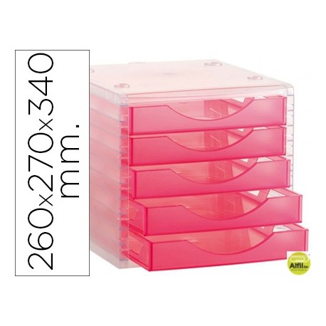 FICHERO CAJONES DE SOBREMESA ARCHIVO 2000 260X270X340 MM APILABLES 5 CAJONES ROSA TRANSLUCIDO