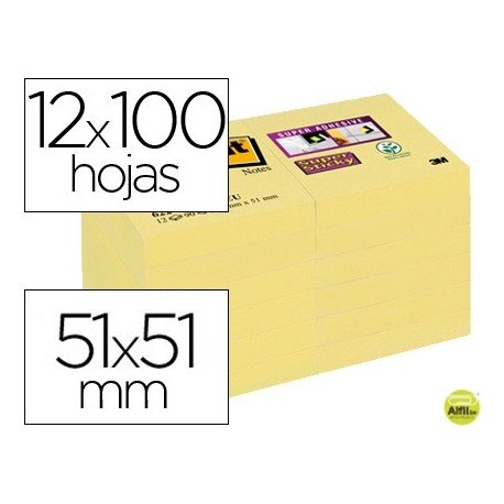 BLOC DE NOTAS ADHESIVAS QUITA Y PON POST-IT SUPER STICKY 51X51 MM PACK DE 12 BLOC AMARILLO CANARIO