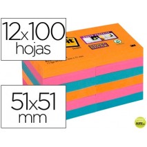 BLOC DE NOTAS ADHESIVAS QUITA Y PON POST-IT SUPER STICKY 51X51 MM PACK DE12 BLOC COLORES INTENSOS SU