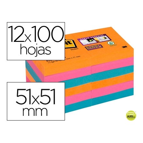 BLOC DE NOTAS ADHESIVAS QUITA Y PON POST-IT SUPER STICKY 51X51 MM PACK DE12 BLOC COLORES INTENSOS SU