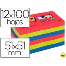 BLOC DE NOTAS ADHESIVAS QUITA Y PON POST-IT SUPER STICKY 51X51 MM PACK DE 12 BLOC COLORES JOYA POP S